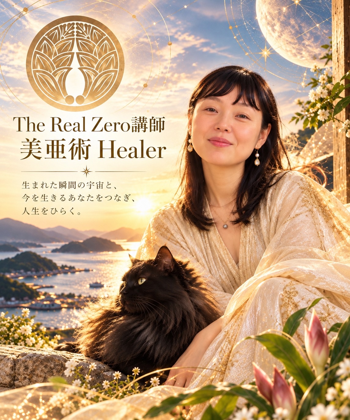 KYOUKOの紹介画像。夕空と月を背景に、猫とともに座る姿
